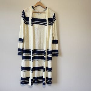 Ariat Duster Cardigan Knit Sweater M Navy Blue Cream Striped Hooded Open Front